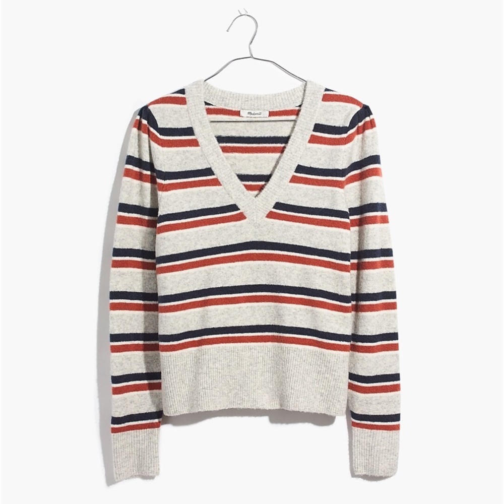 Madewell Wool Blend Marled Gray Striped Cropped V-Neck Sweater - Picture 5 of 16
